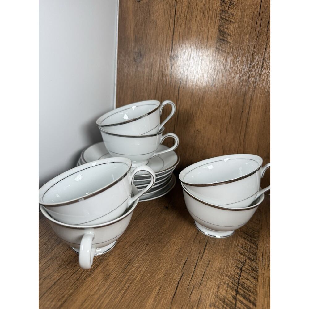 6 Vintage Harmony House Silver Melody Tea Coffee Cups & Saucers Fine China Japan